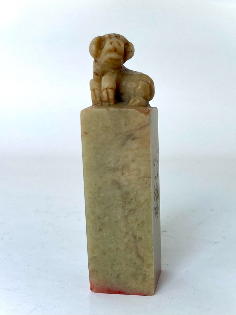 Carved Stone Chinese Seal “Blanche”with Pig Boar - Beige and Red Chop